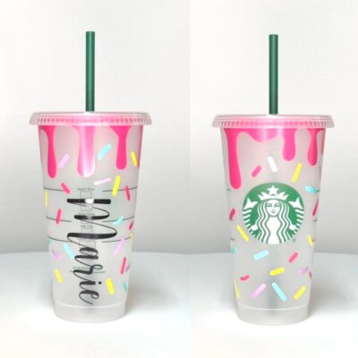 Custom Starbucks cup with pink donut and sprinkles design