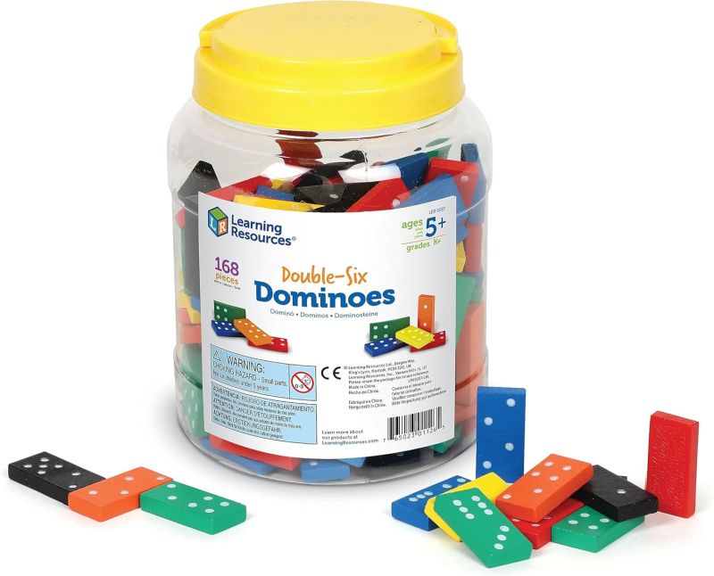 Plastic jar of colorful double-six dominoes
