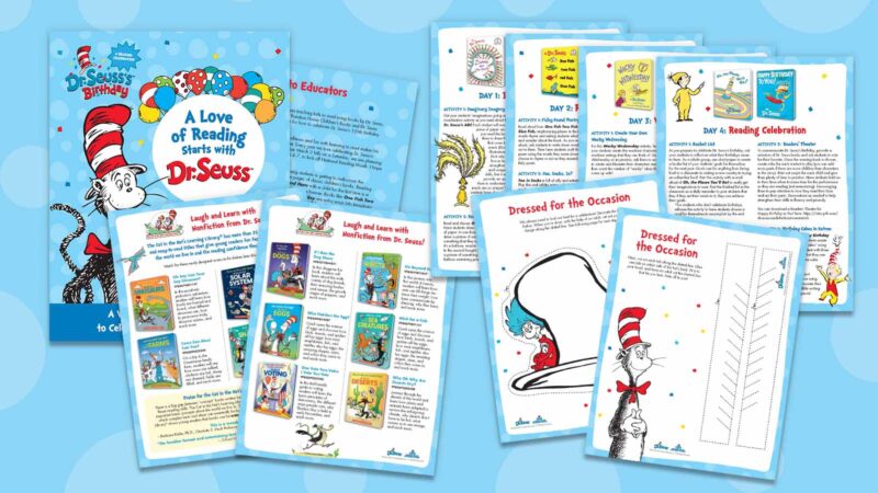 Flat lay of Dr. Seuss birthday guide