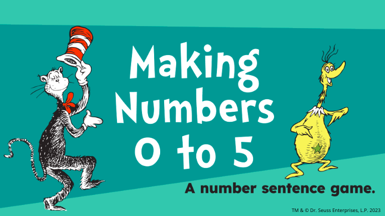 Title page of a Dr. Seuss math game featuring the Cat in the Hat and a Sneetch