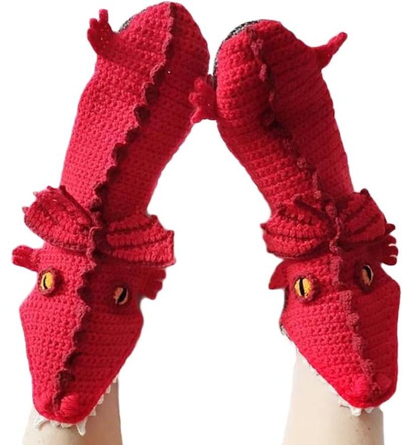 Knit socks that look like dragons eating someone's feet