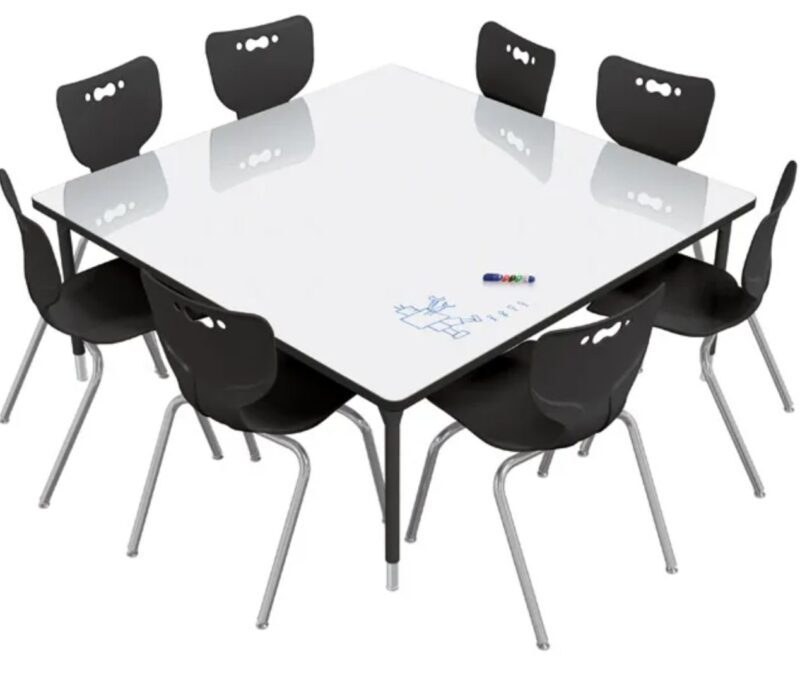 Hierarchy Dry Erase Activity Table with 8 black chairs