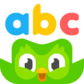 Green illustrated owl with "abc" typed above in blue, yellow, and red