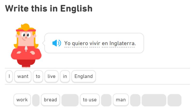Screenshot from Duolingo with a sentence in Spanish and English