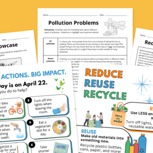 Flay lay of Earth Day activities worksheets on a yellow background