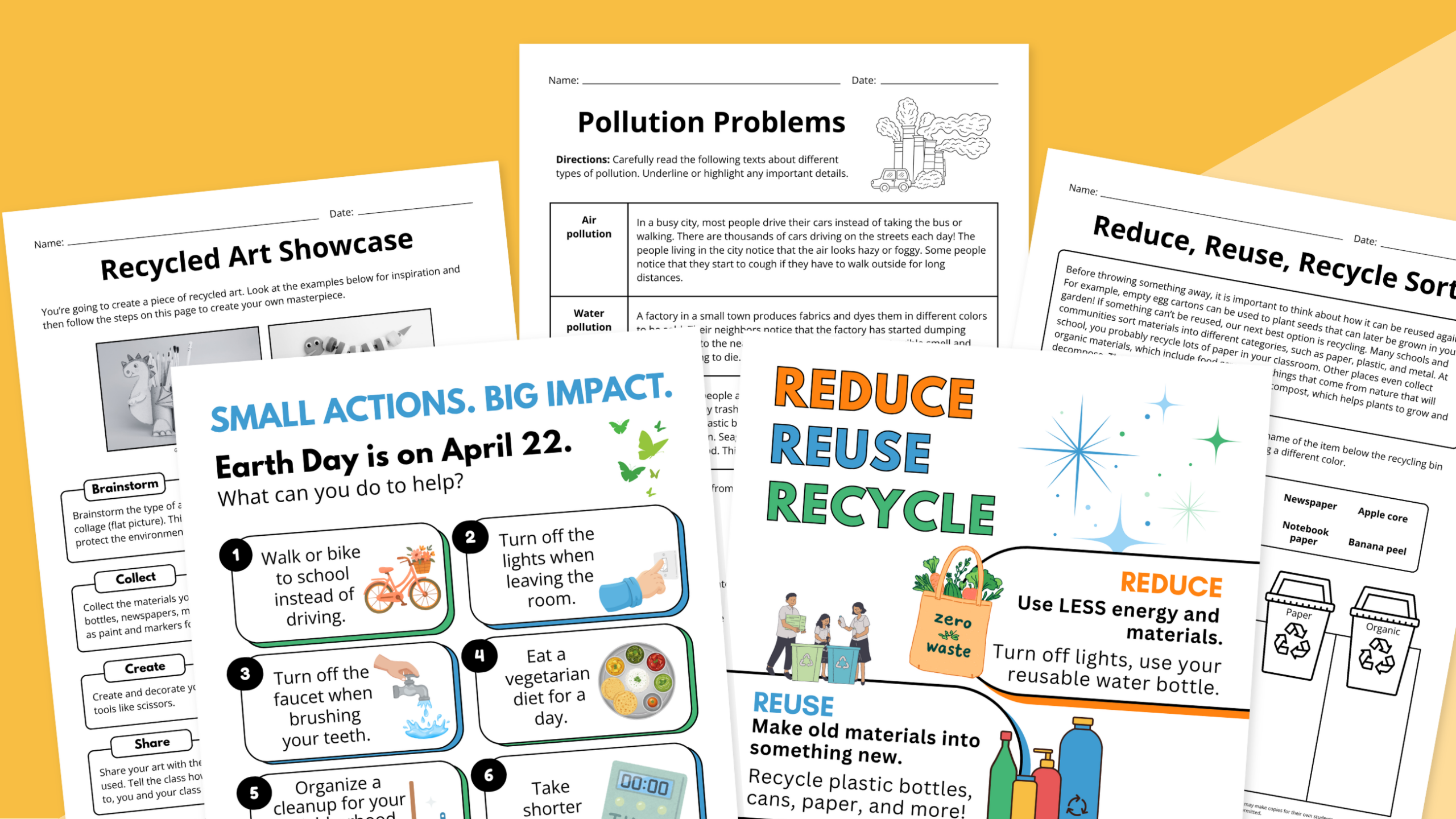 Flay lay of Earth Day activities worksheets on a yellow background