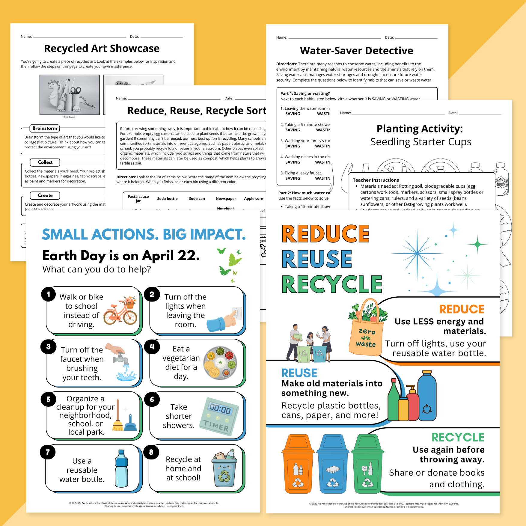 Flay lay of Earth Day activities worksheets on a yellow background
