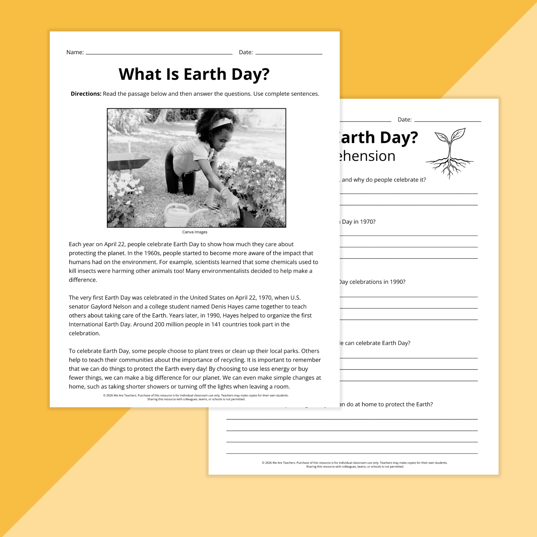 Flay lay of Earth Day activities worksheets on a yellow background