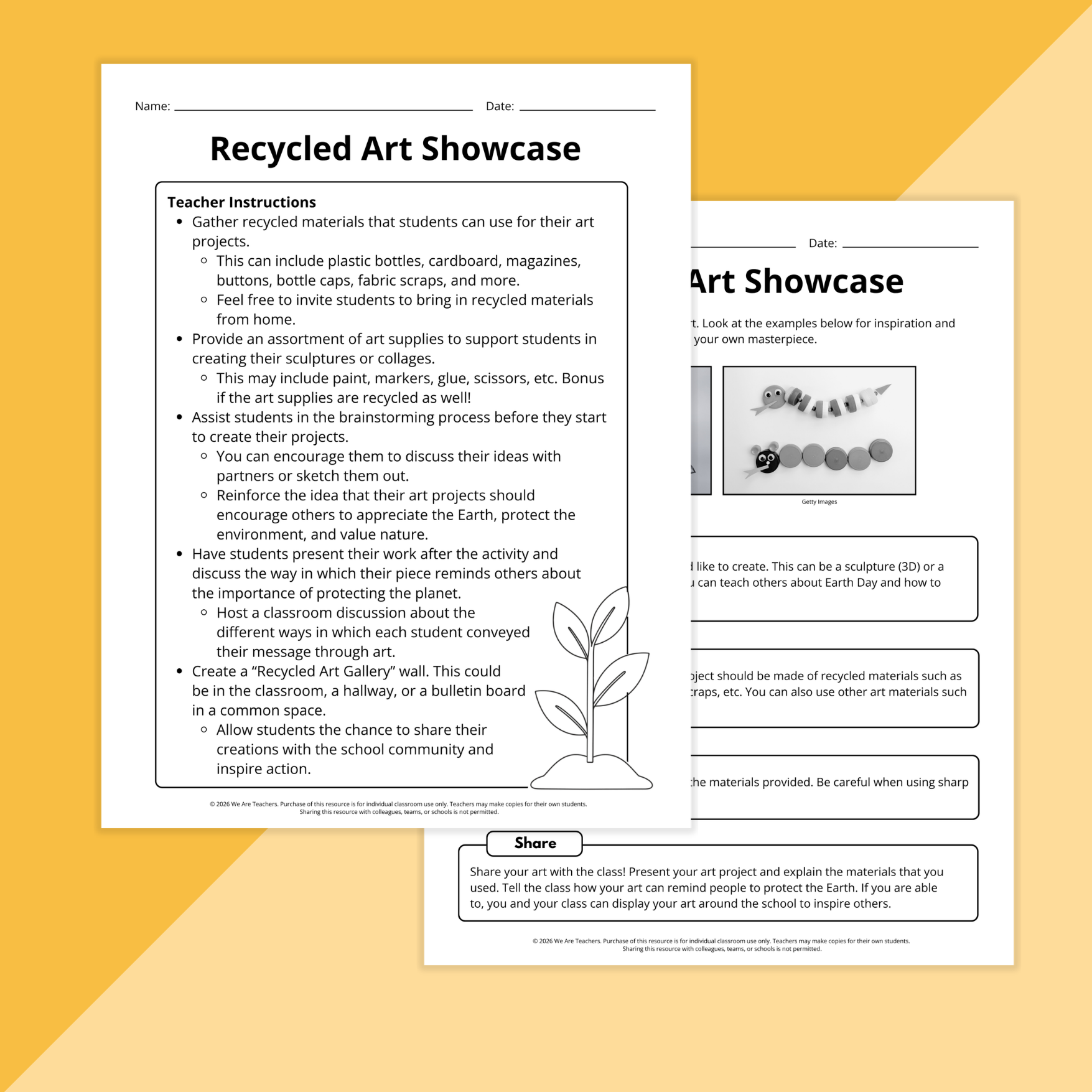 Flay lay of Earth Day activities worksheets on a yellow background