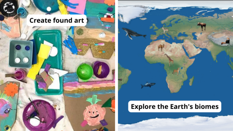 Collage of two Earth Explorers activities with text 'Create found art' and 'Explore the Earth's biomes'