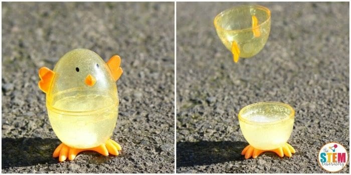 Yellow plastic egg that looks like a chicken, turned into a toy rocket with Alka-Seltzer tablets