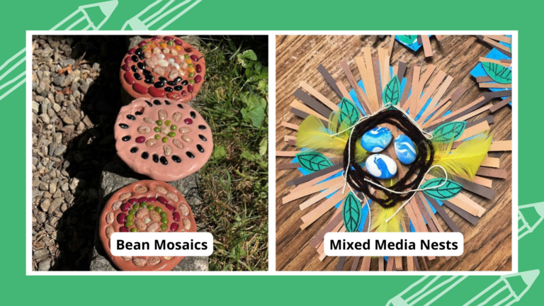 Easy art projects for kids including bean mosaics and mixed media bird nests