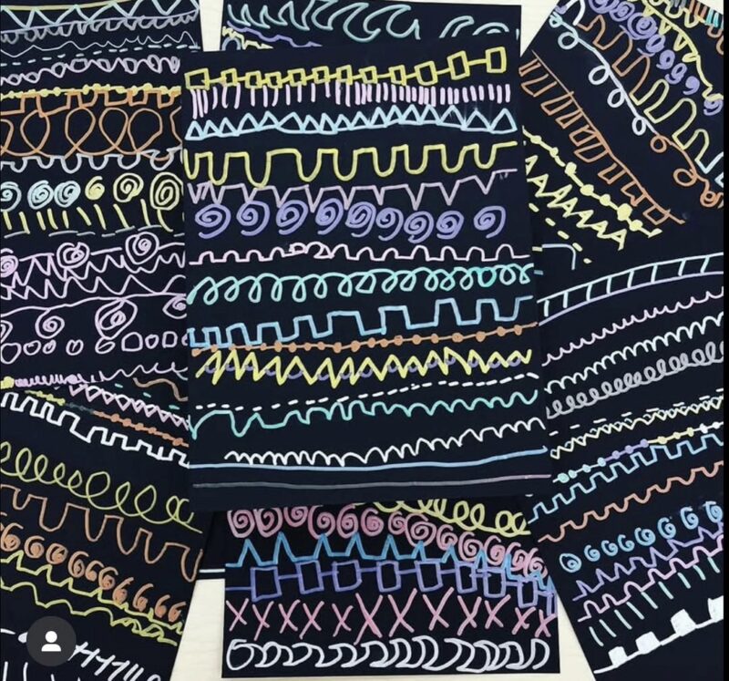 A series of differently patterned lines drawn with metallic markers on black paper