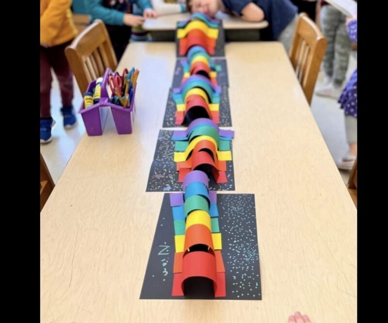 Tunnels made of strips of colorful construction paper glued to black bases