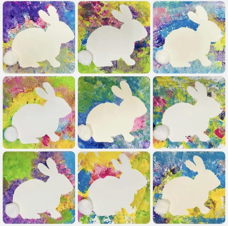 Bunny silhouettes with colorful sponge paintings