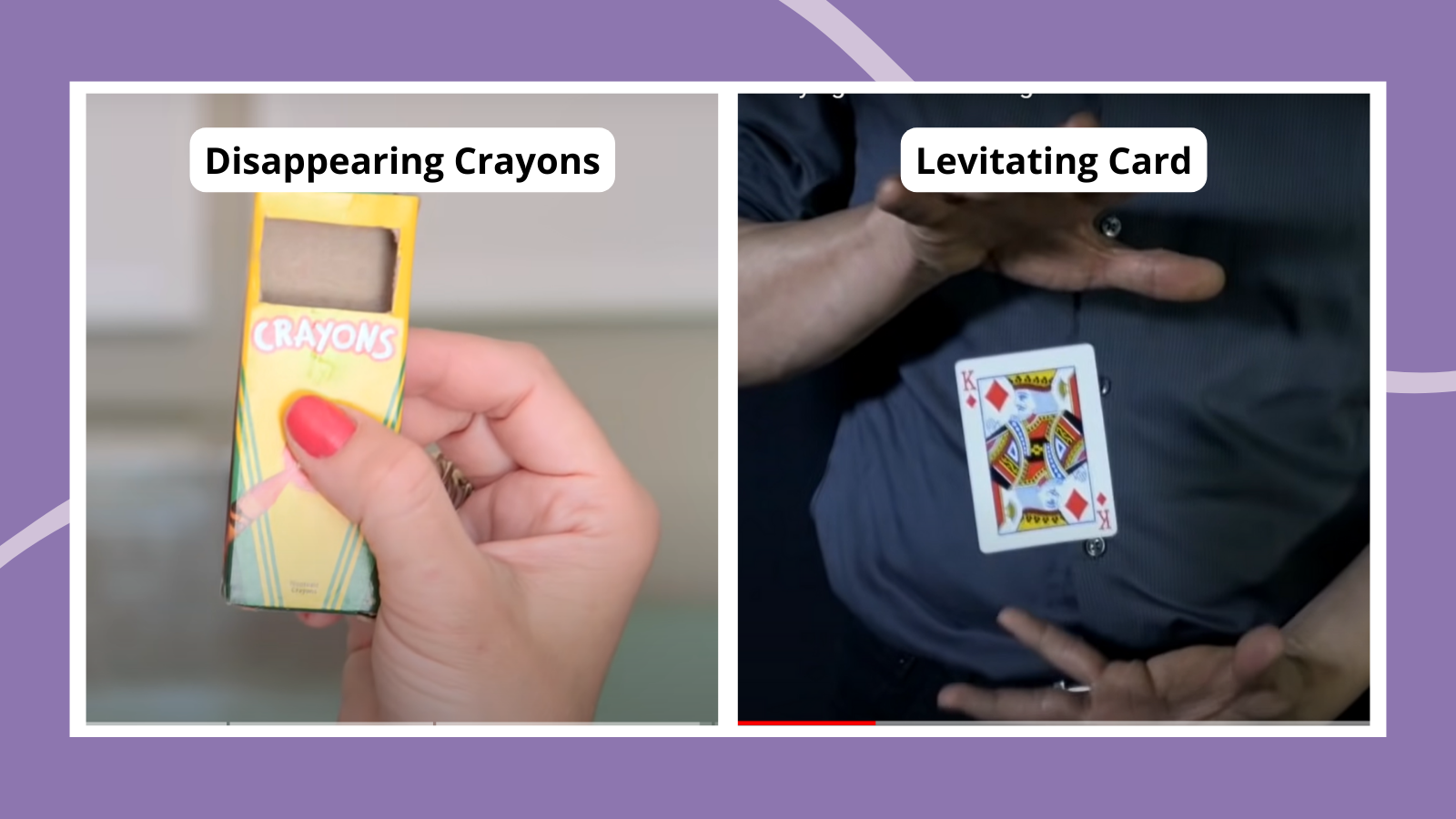 Examples of easy magic tricks for kids including disappearing crayons and levitating card.