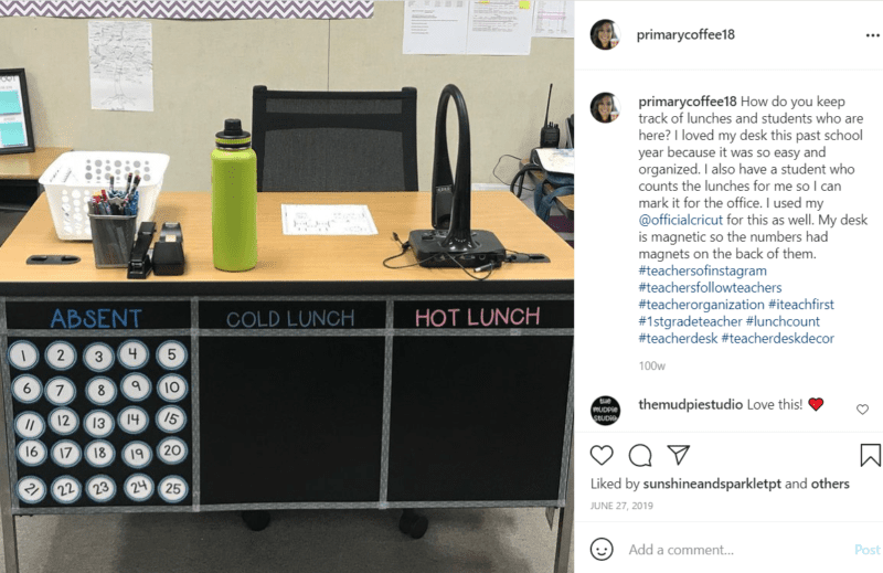 Teacher desk, green water bottle and laptop sharing lunch count ideas