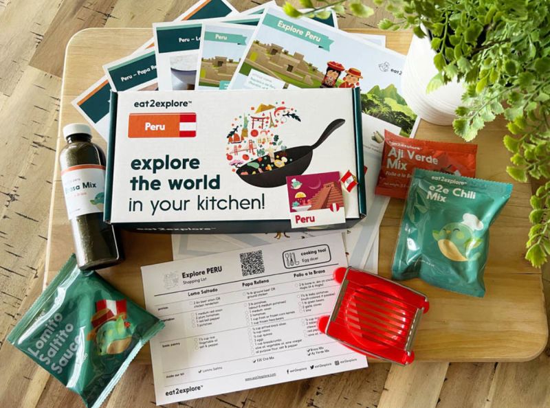 eat2explore educational subscription box with recipe cards, sauces, and spices for Peruvian cuisine
