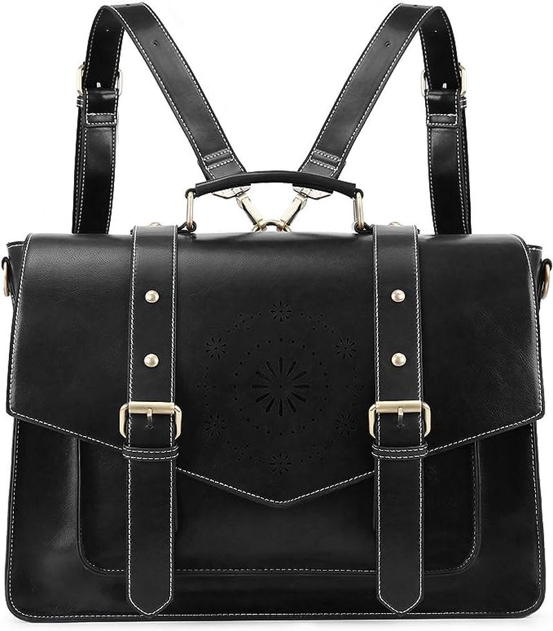 Black messenger style bag with backpack straps and silver accents