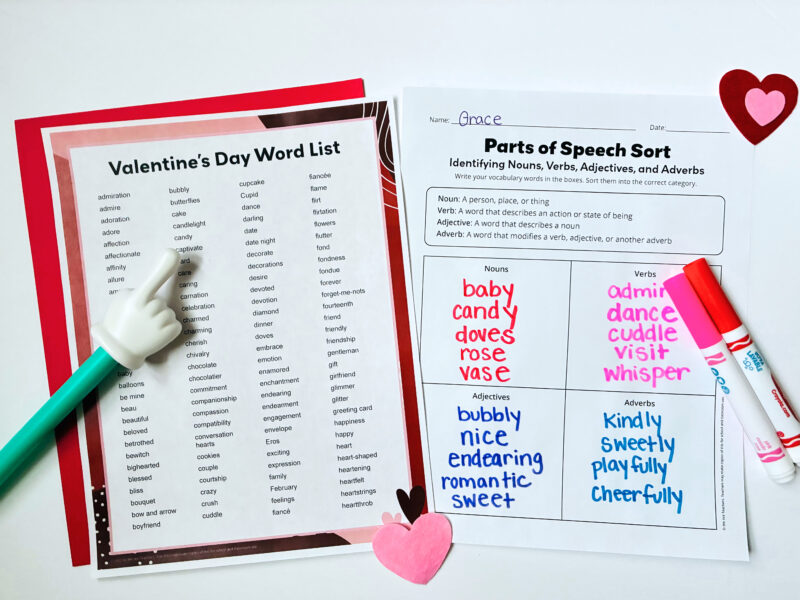 An image showcasing a Valentine's Day word list and a parts of speech worksheet