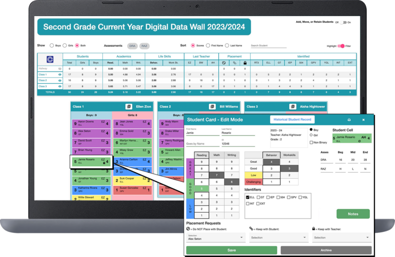 Laptop showing screens from ClassComposer, an app to help schools place students in classes