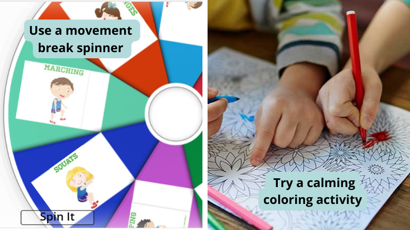 Examples of educational brain breaks, including a movement spinner with exercises and a closeup of kids hands coloring a mandala.