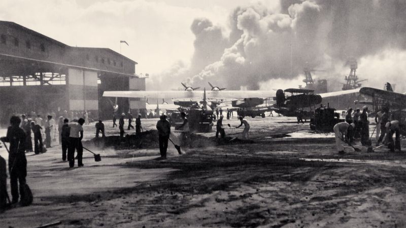 Scene from Netflix show Attack on Pearl Harbor showing footage from Dec 7, 1941