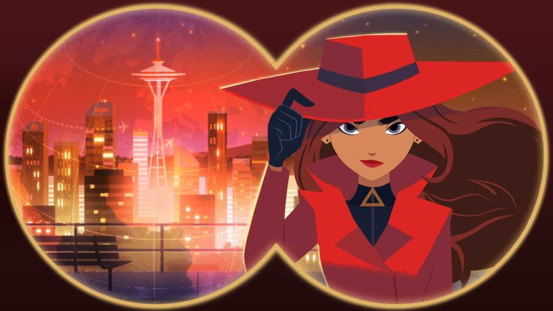 Main character of Carmen Sandiego Netflix Show with a city skyline behind her
