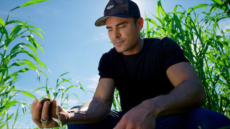 Zac Efron kneeling in a cornfield, from the Netflix show Down to Earth