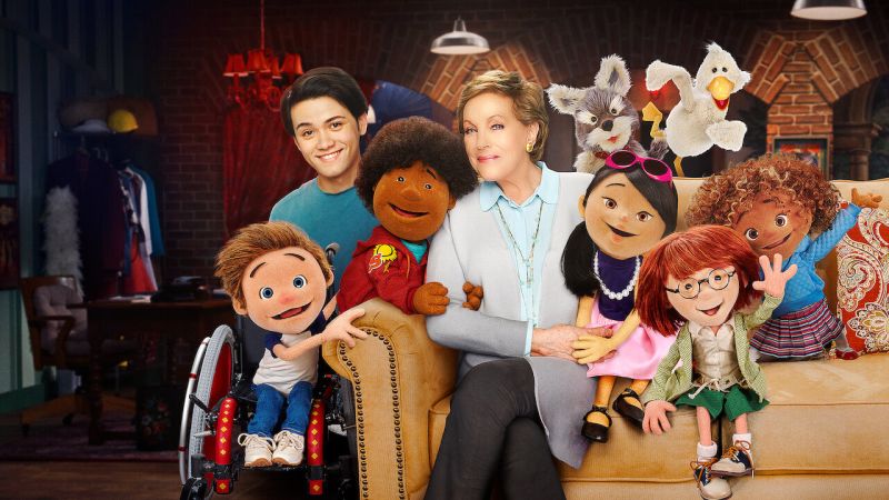 Julie Andrews with puppets and other characters on her Netflix show Julie's Greenroom