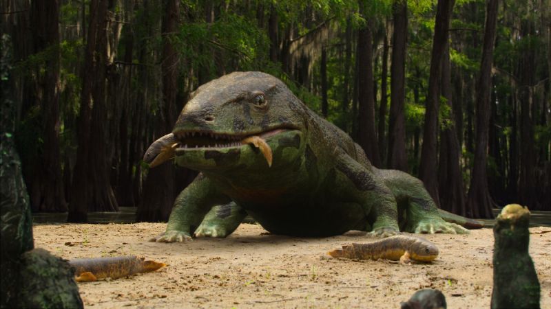 Large prehistoric reptile with prey in its mouth, from the Netflix series Life on our Planet