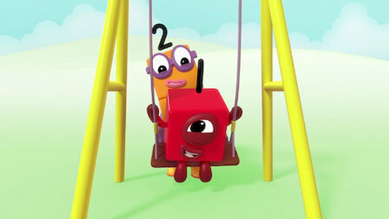One Numberblock pushing another on a swing, from the Netflix show