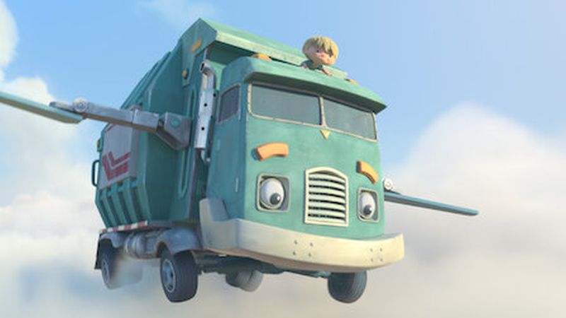 Cartoon boy riding in a winged garbage truck from the Netrflix show Trash Truck