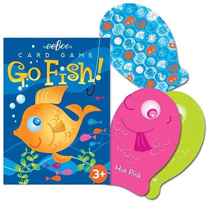 Eeboo Go Fish Card Game box with goldfish and bubbles on the cover and sample cards of pink and green as an example of best board games for preschoolers