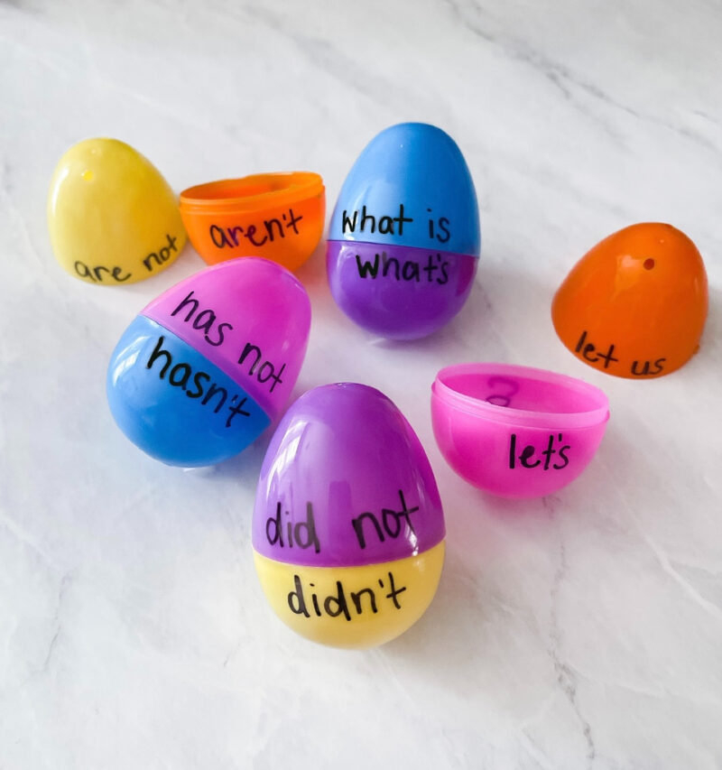 eggs with contractions written on them for a plastic egg activity 