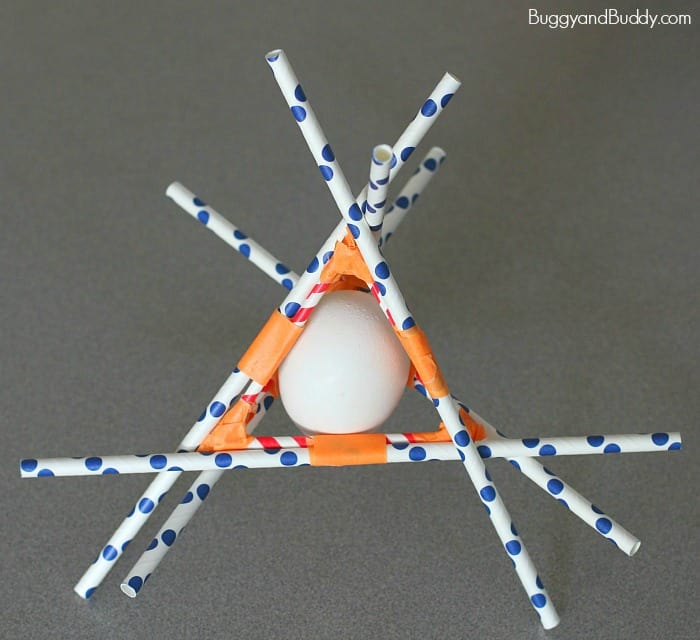 Picture of an egg placed in a contraption constructed of straws to protect it in an egg drop experiment.