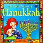 Eight Nights of Hanukkah book cover- Hanukkah books-girl and boy next to a lit menorah