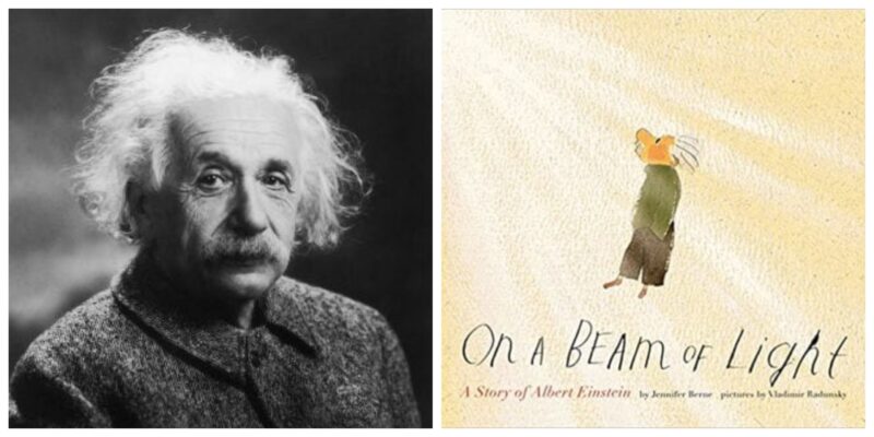 A photo of ALbert Einstein next to a picture of a book about Einstein