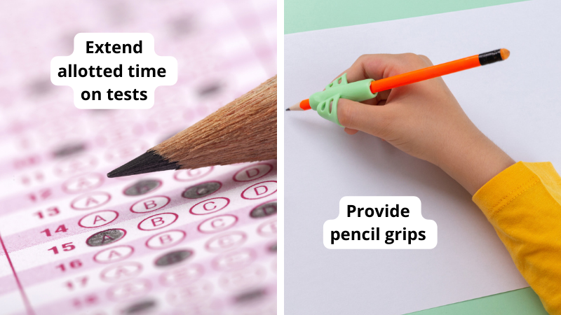 Examples of IEP accommodations including proving pencil grips and extended allotted test time.