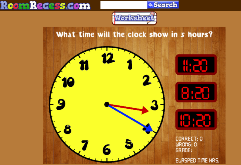 A yellow analog clock on a brown background is shown. Text reads what time will the clock show in  5 hours? Multiple choice options are shown in digital form. This is an example of a telling time online game.