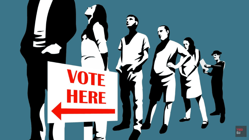 Screenshot of one of the election videos for kids, which includes an illustration of people waiting in line to vote.