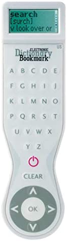 A thin, white bookmark that resembles a tv remote has a small screen on it and the rest of it is a long, thin keyboard (dictionaries for kids)