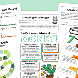 Flat lay of financial literacy worksheets for elementary on a green background