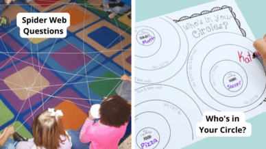 Examples of elementary icebreakers, including students sitting on rug playing spider web questions with yarn and student filling out a worksheet called "Who's in your circle?"