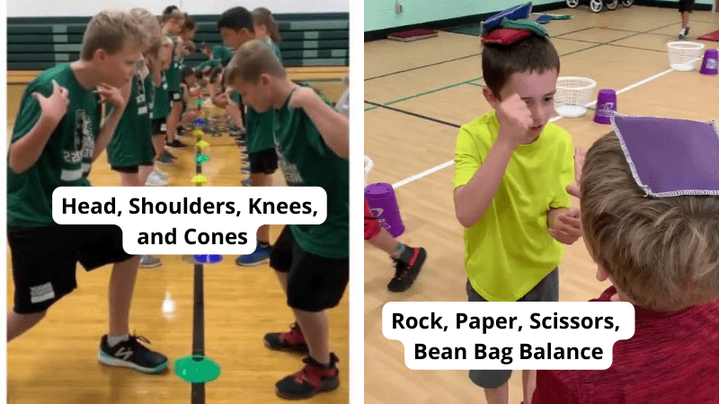 Kids playing elementary PE games like head, shoulders, knees, and cones and rock, paper, scissors, bean bag, balance