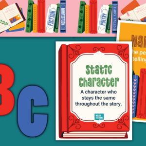 Elements of Fiction bulletin board kit featuring colorful book-themed definition posters for Static Character and Narrator alongside bright bulletin board letters and a decorative bookshelf border.