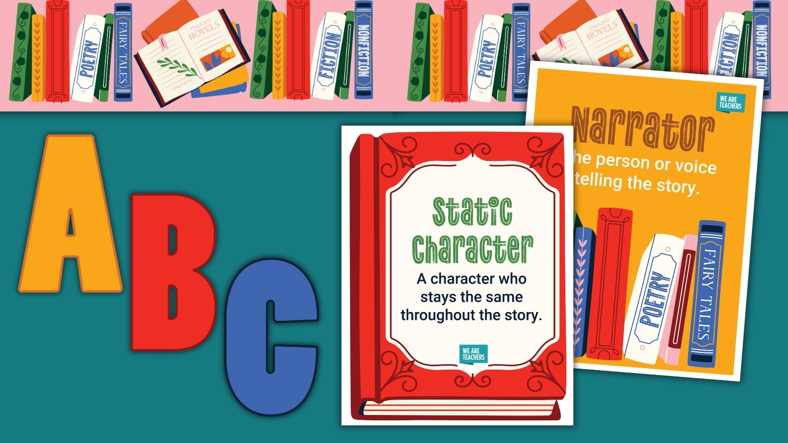 Elements of Fiction bulletin board kit featuring colorful book-themed definition posters for Static Character and Narrator alongside bright bulletin board letters and a decorative bookshelf border.