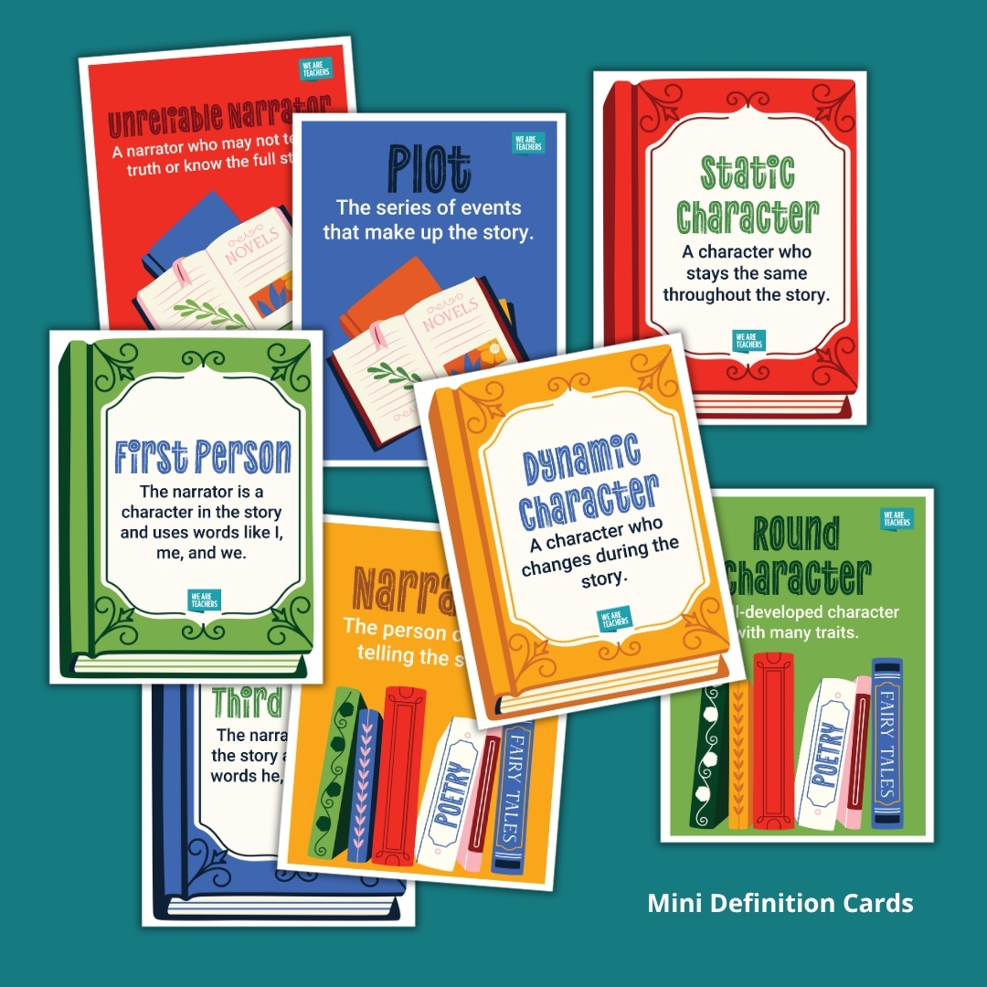 Mini definition cards for Unreliable Narrator, Plot, Static Character, First Person, Dynamic Character, Narrator, Third Person, and Round Character arranged in an overlapping layout.