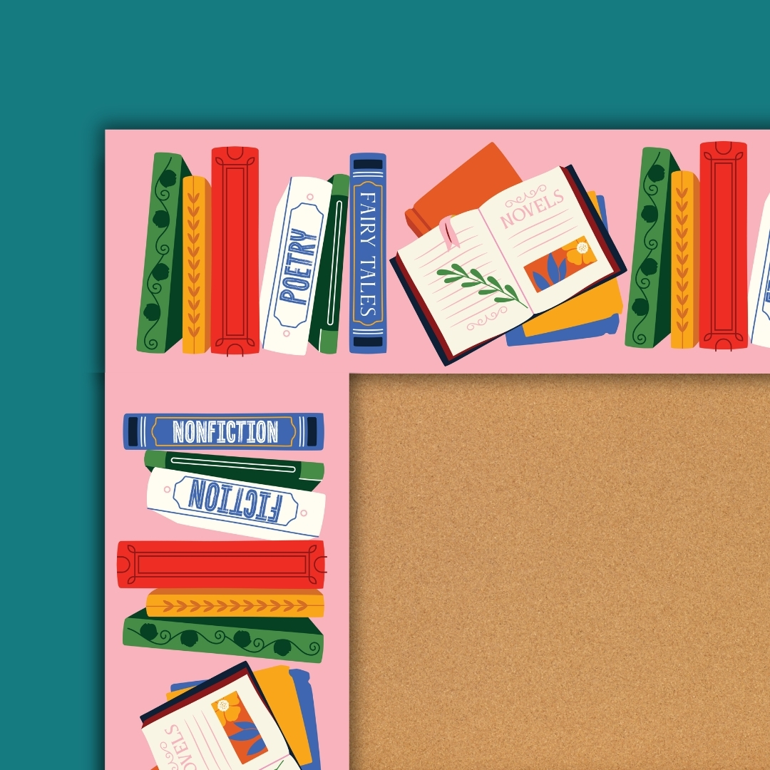 Close-up of the pink bookshelf-themed bulletin board border framing a cork board, decorated with illustrated poetry, fiction, and nonfiction books.
