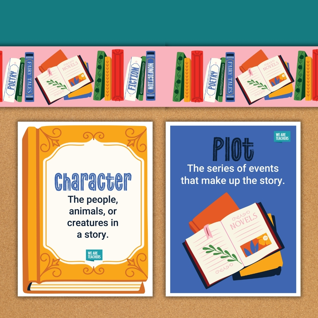 Character and Plot definition posters displayed on a cork bulletin board beneath the illustrated bookshelf border.